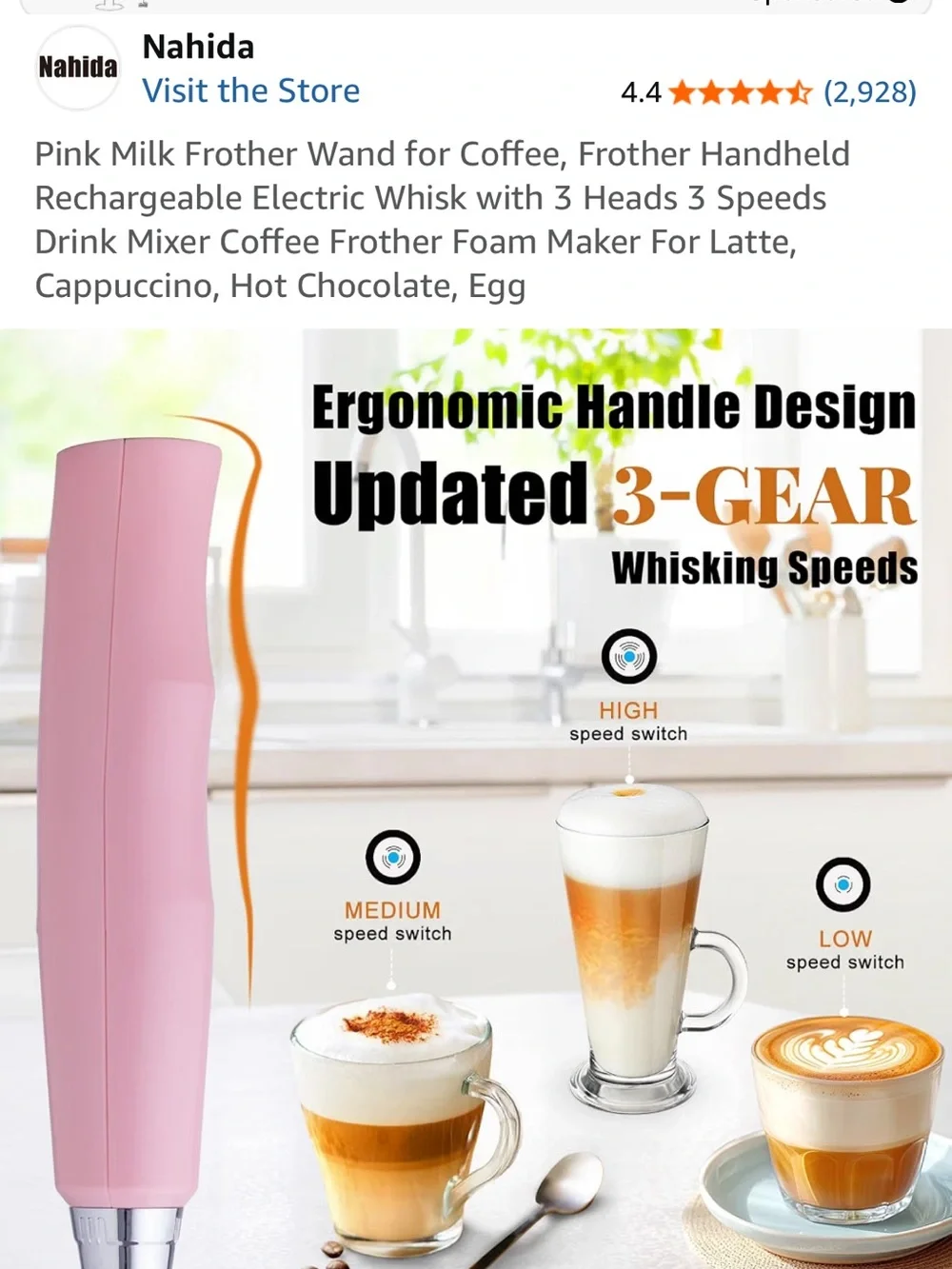 Pink Rechargeable Handheld Milk Frother - 3 Speeds, 3 Whisks
